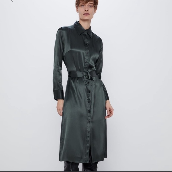 Zara green silk shirt dress Clearance